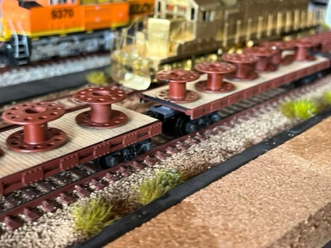 Spool Flatcars Brass Night Closeup